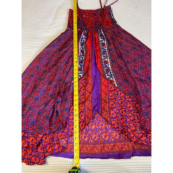 WEVEZ Boho Floral Red Print Smocked Top Spaghetti Strap Silk Midi Sun Dress Med - Picture 6 of 13